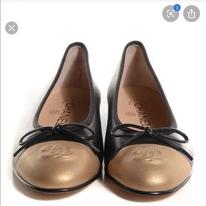 Chanel Black Gold Capped Ballet Flats